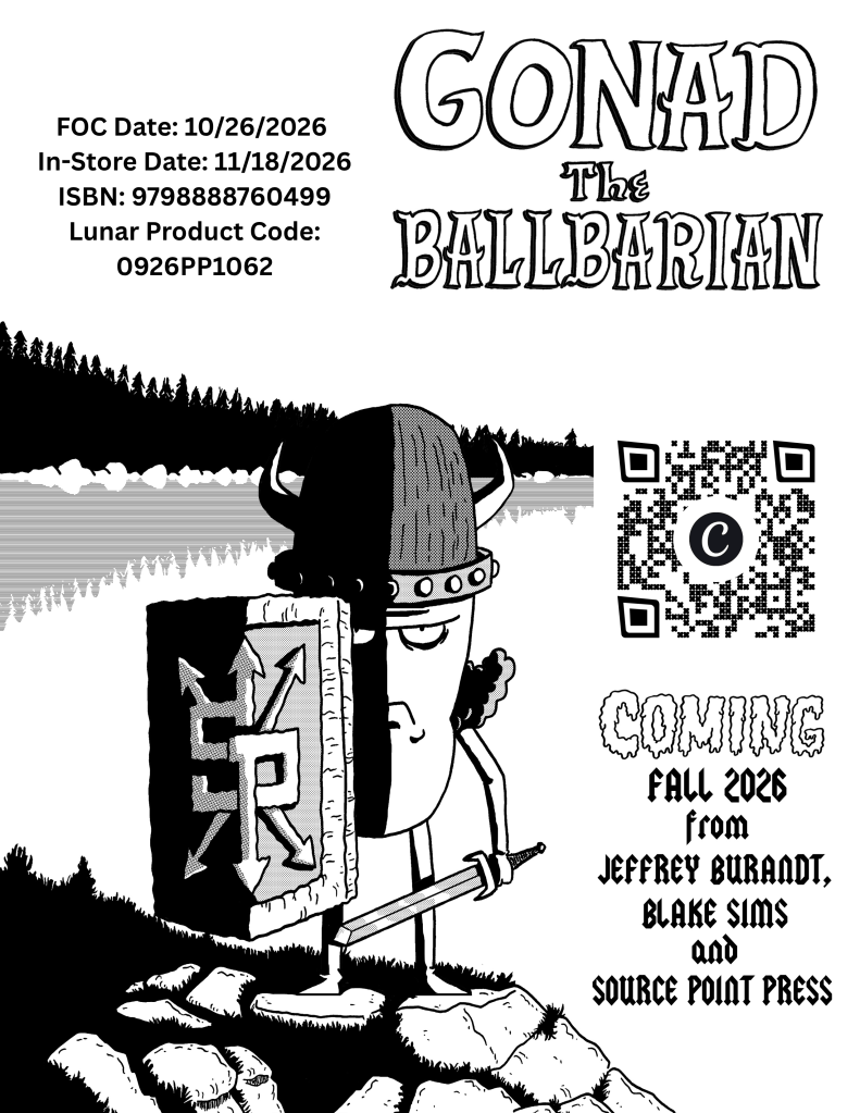 Cover art for 'Gonad the Ballbarian', featuring a character in armor holding a sword and shield, set against a rocky landscape with trees and water in the background. Text includes release information and publisher details.